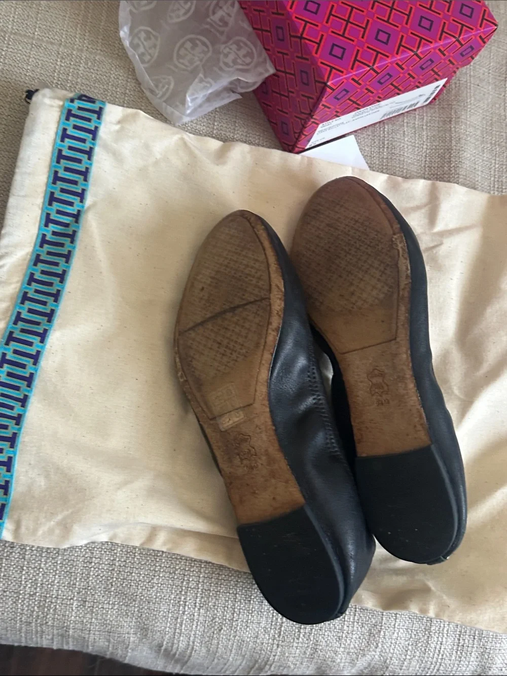Tory Burch Black Leather Logo-Embellished Ballet Flats